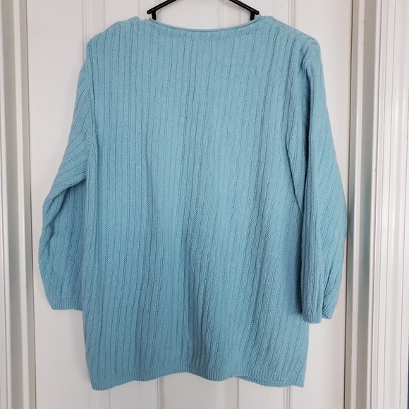 Vtg Sky Blue Sweater Knit 3/4 Sleeve Button Up Scandi Grandma Cottage Teacher XL - Picture 3 of 3